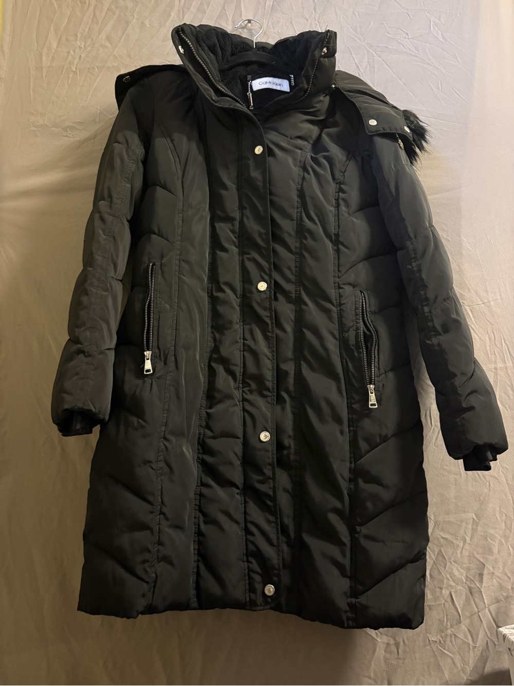 Calvin Klein Women's Black Long Quilted Puffer Coat with Hood